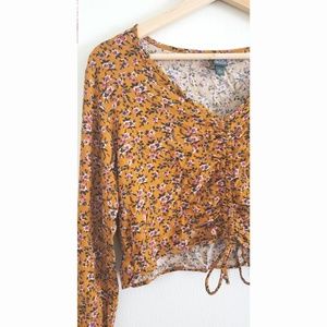 Boho Bell Sleeve Crop Top Floral Print Mustard
